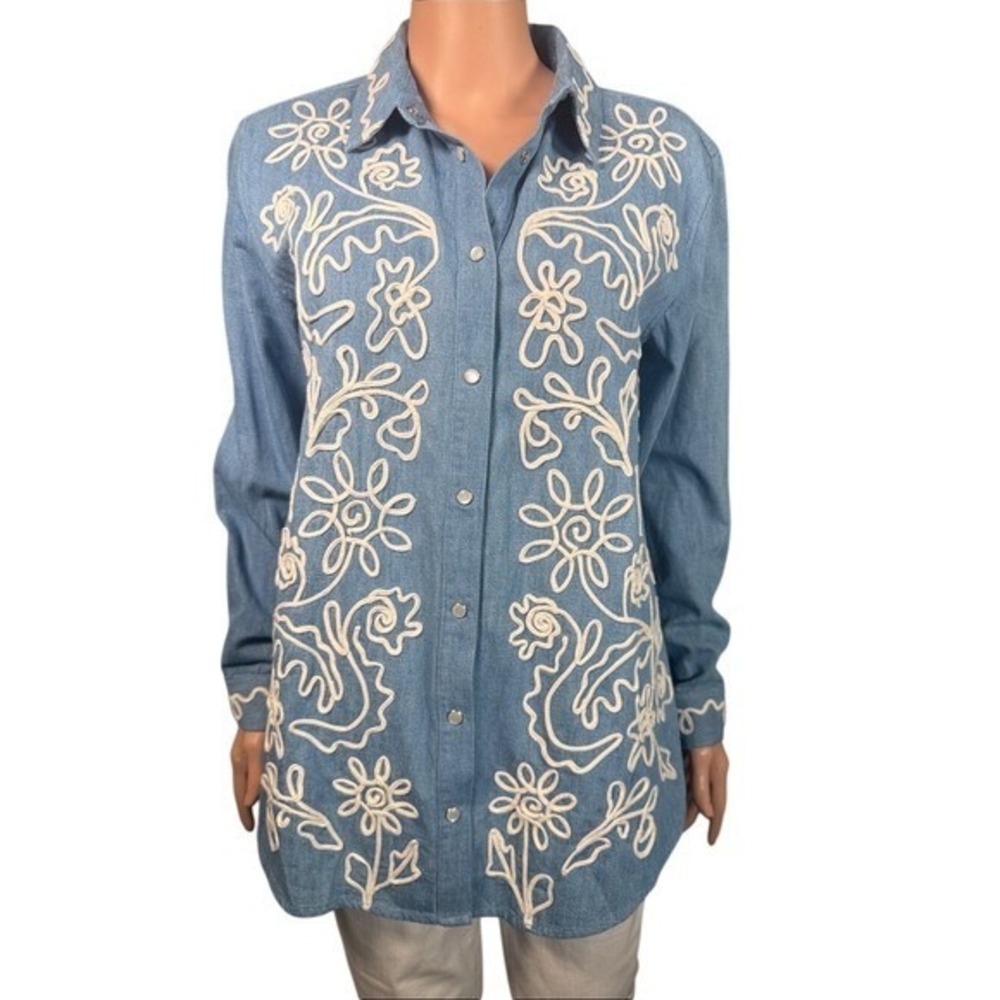 Johnny Was Mariko Oversized Shirtā Tunic Denim Indigo Embroidered Snap Front NEW